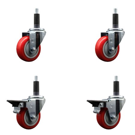 Service Caster 3.5'' Red Poly Wheel Swivel 1'' Expanding Stem Caster Set 2 Brakes, 4PK SCC-EX20S3514-PPUB-RED-2-PLB-2-1